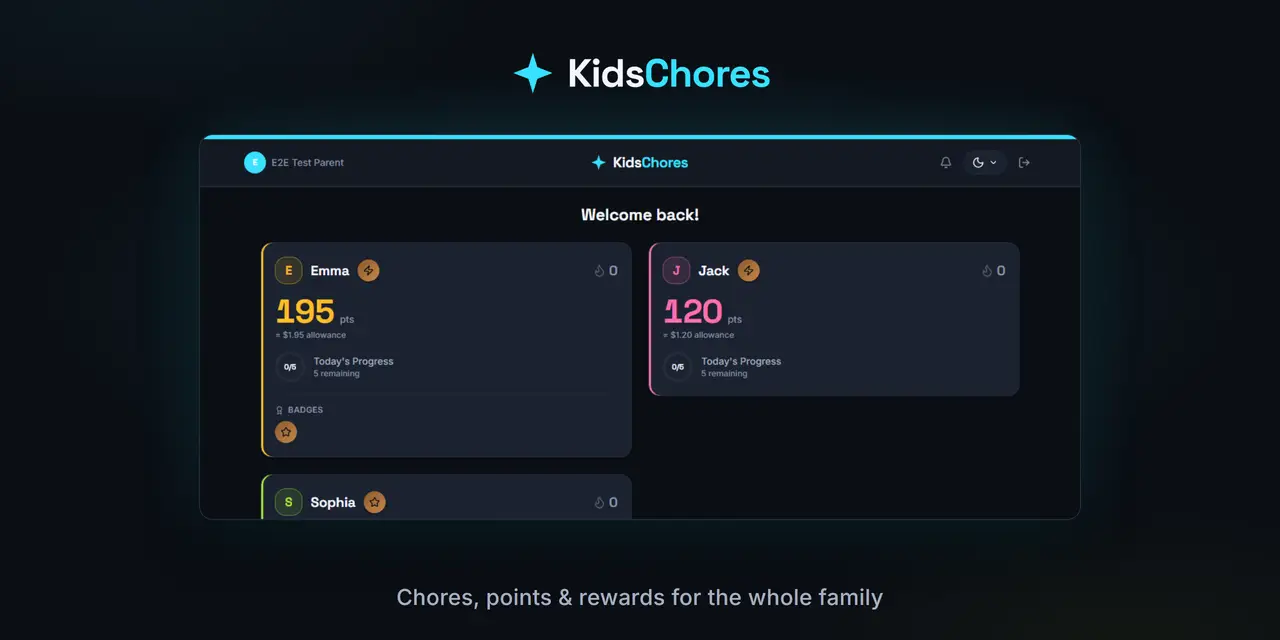 The KidsChores promotional card — logo, a framed screenshot of the family dashboard, and the tagline "Chores, points and rewards for the whole family".